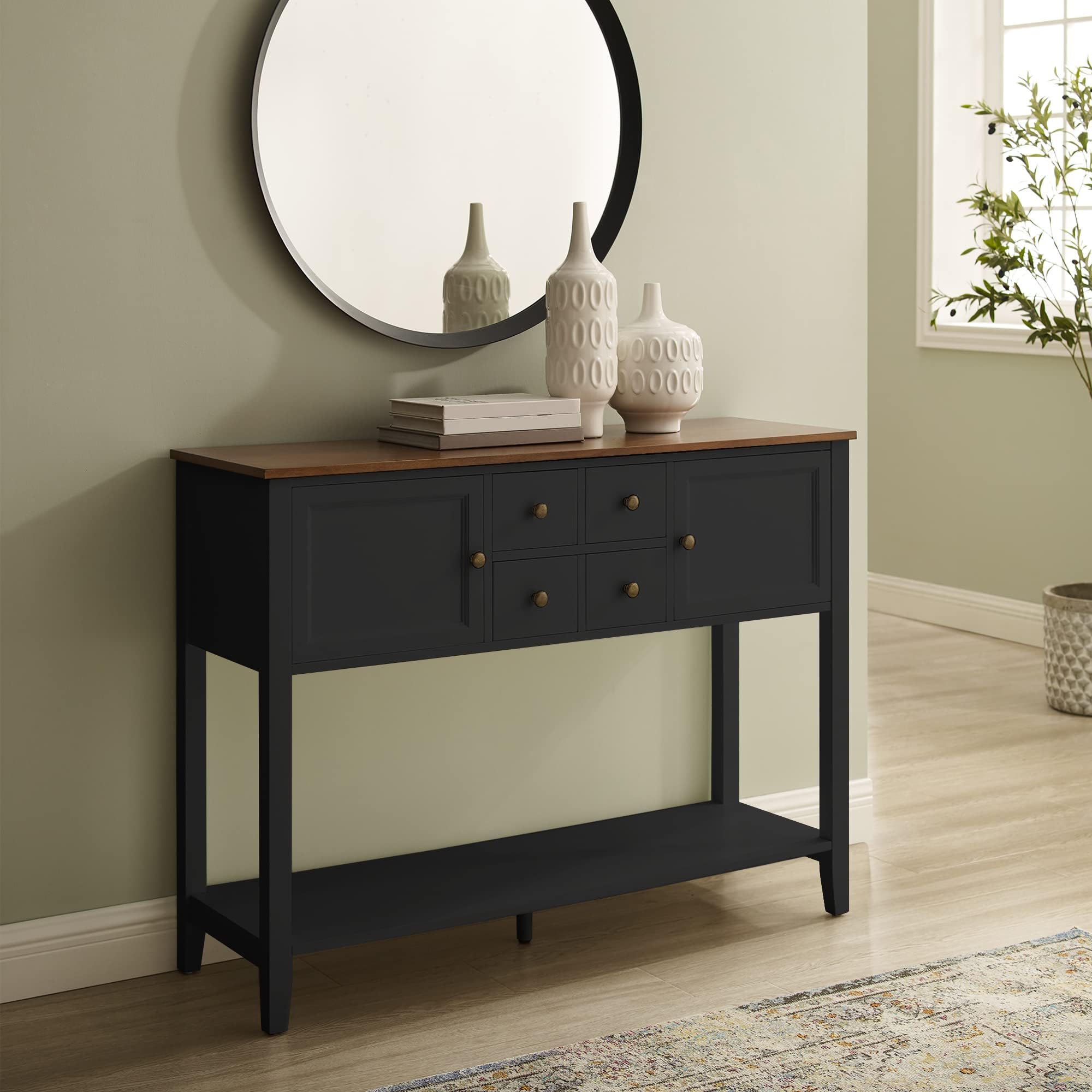 Good & Gracious Buffet Sideboard Console Cabinet Narrow Wooden Kitchen Sideboard Table with Bottom Shelf and Storage Drawers Black