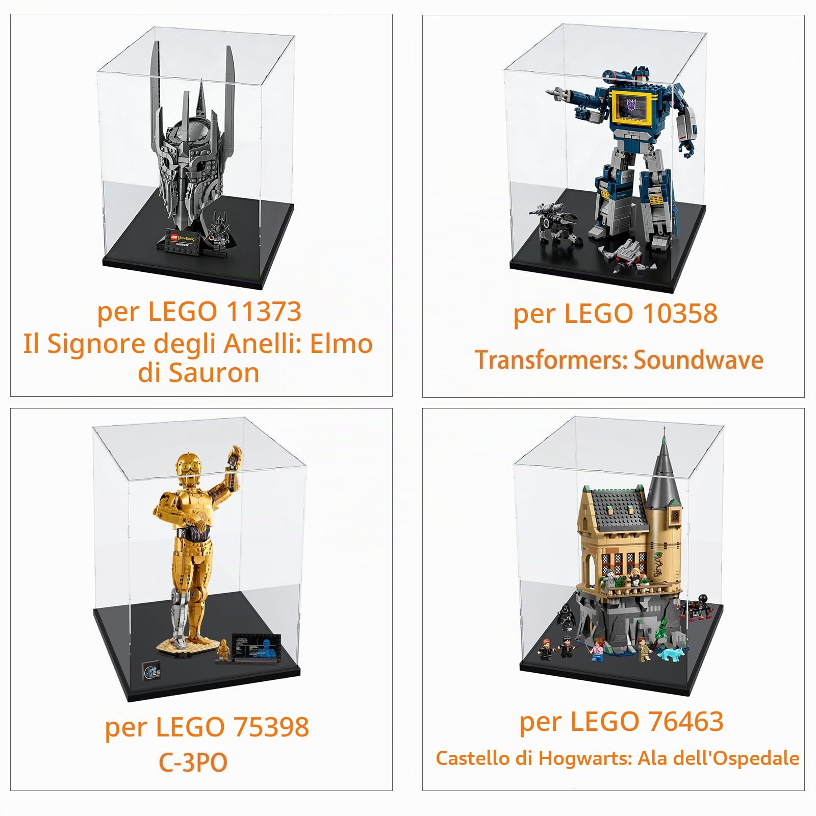 Vetrina Espositiva Teca Plexiglass Acrilico 3MM per Lego Trofeo Coppa Mondo FIFA 43020 Elmo Sauron 11373 75398 C3PO 21349 21376 Gatto 10358 77072 76463 76467, Trasparente Nero Interno 25x25x40cm