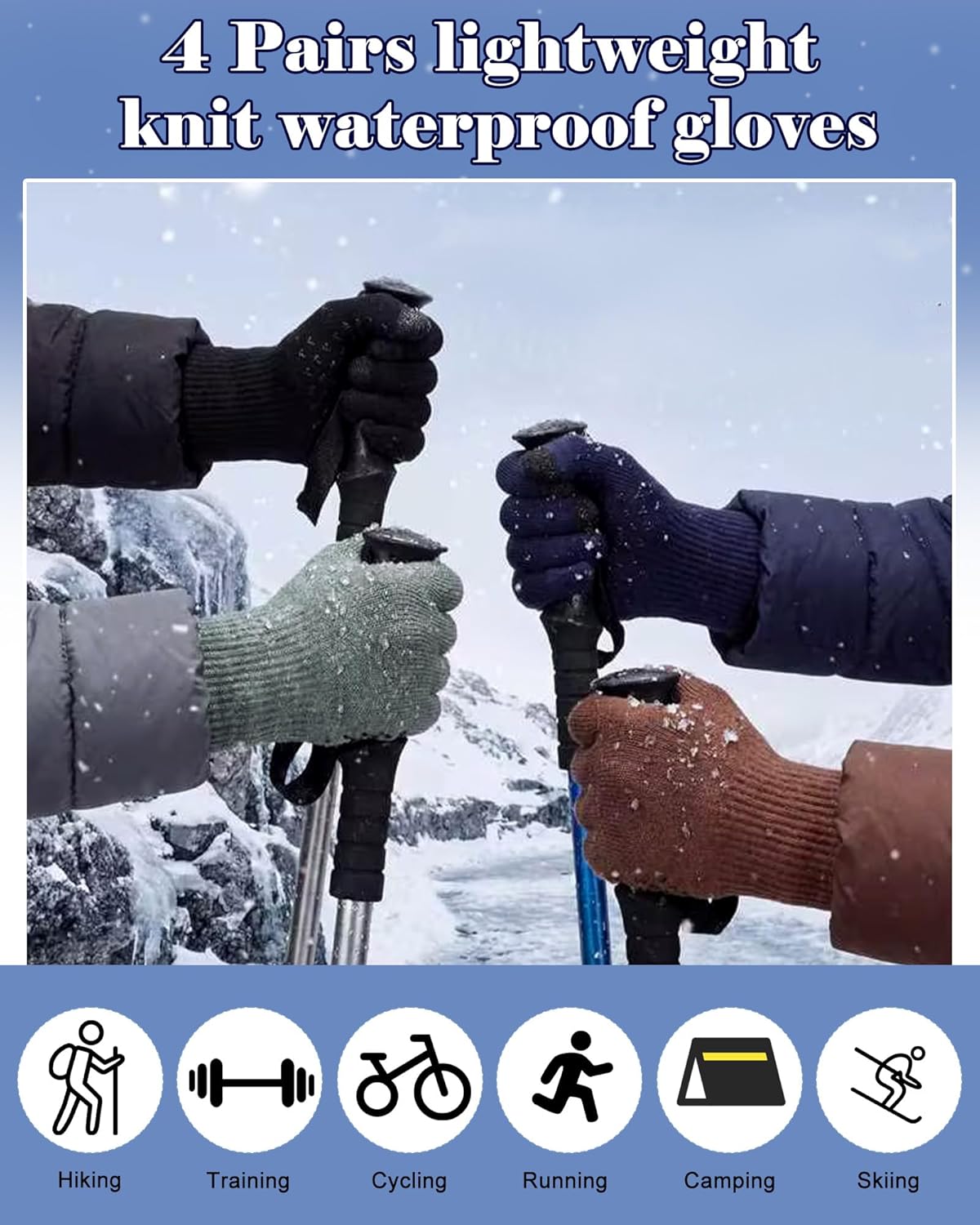 Eurzom 4 Pairs Thermal Waterproof Gloves for Adults 3-Layer Knit Touchscreen Gloves for Working, Hiking, Skiing, Riding