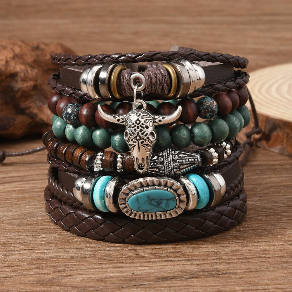 Turquoise Western Bracelets for Women Turquoise Beaded Stretch Bracelets Vintage Stackable Leather Bracelet Country Cowboy Outfit Accessories - Image 4