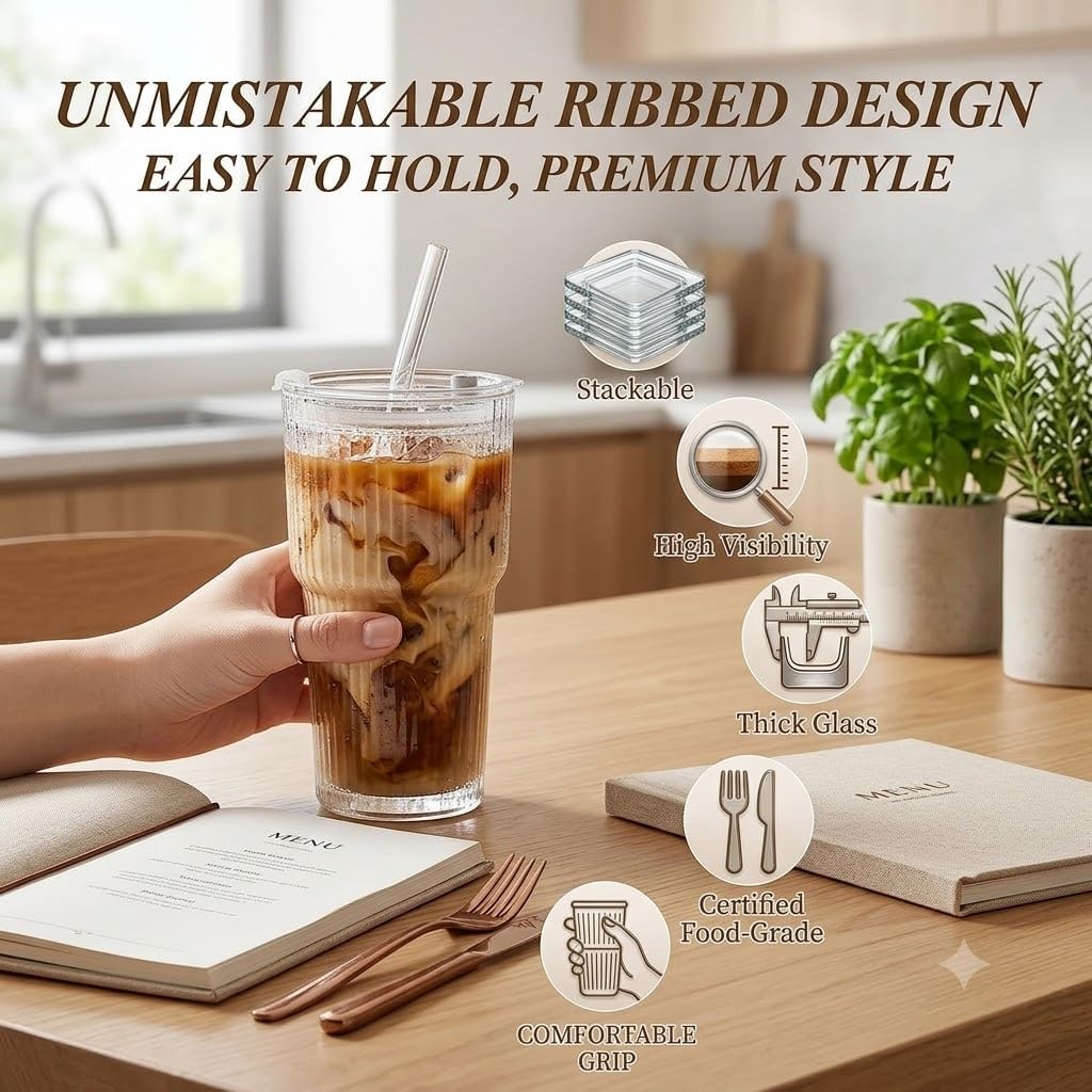 Iced Coffee Cups with Lids: Glass Cups with Lids and Straws 20oz - Ribbed Glass Tumbler with Straw and Lid - Tumbler Leak Proof Aesthetic Drinking for Coffee Bar Accessories (4PCS)
