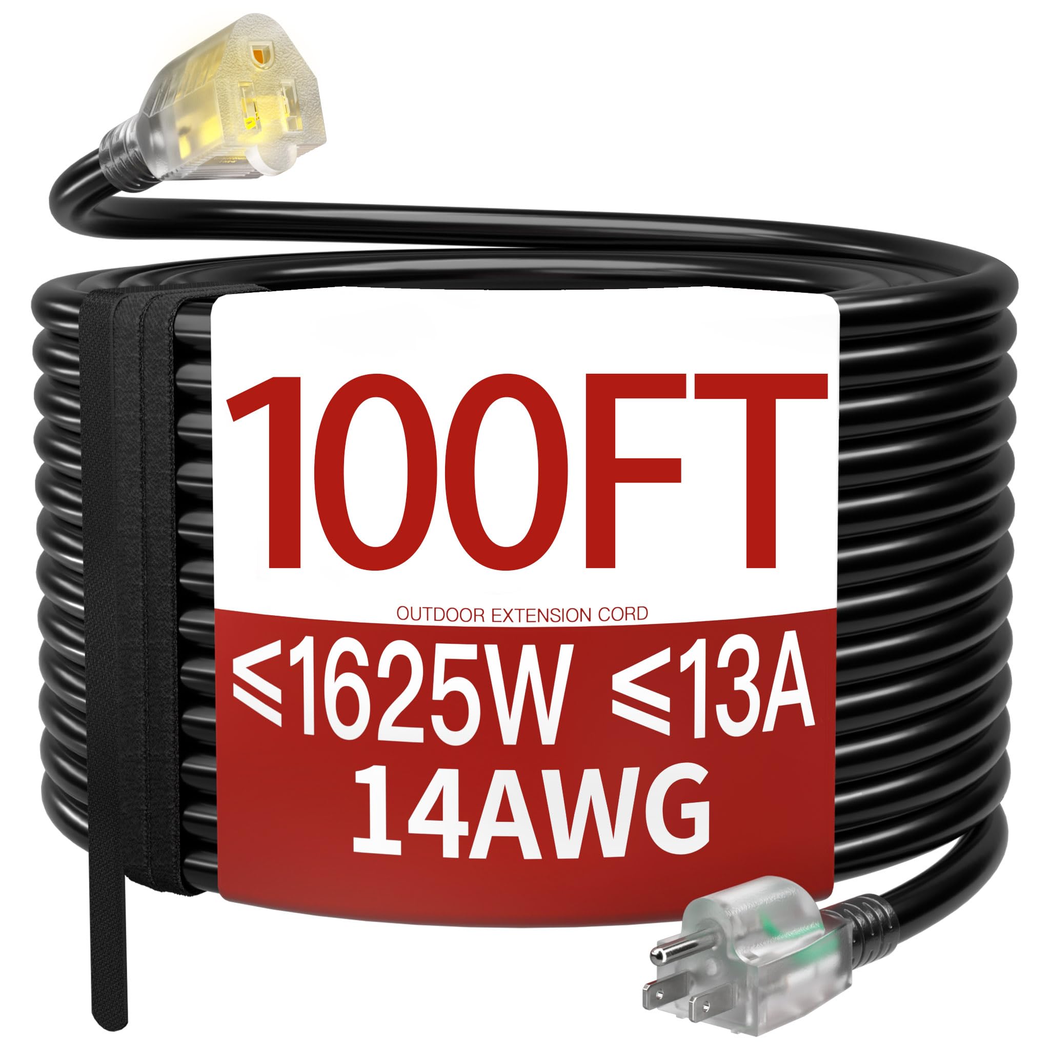 Photo 1 of 100 FT 14/3 Extension Cord Outdoor, Heavy Duty Weatherproof & Flame Retardant Black 3 Prong Power Cord with Light, Outside for Lawn & Garden, 13 Amps 1625 Watts 125 VAC 14AWG SJTW, ETL Listed