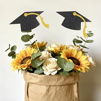 Graduation Decorations 2026, 16pcs Graduation Centerpieces for Table, Gold Class of 2026 Party Centerpieces Grad Cap Sticks Glittering Centerpiece Table Decorations for 2026 Graduation Party Supplies