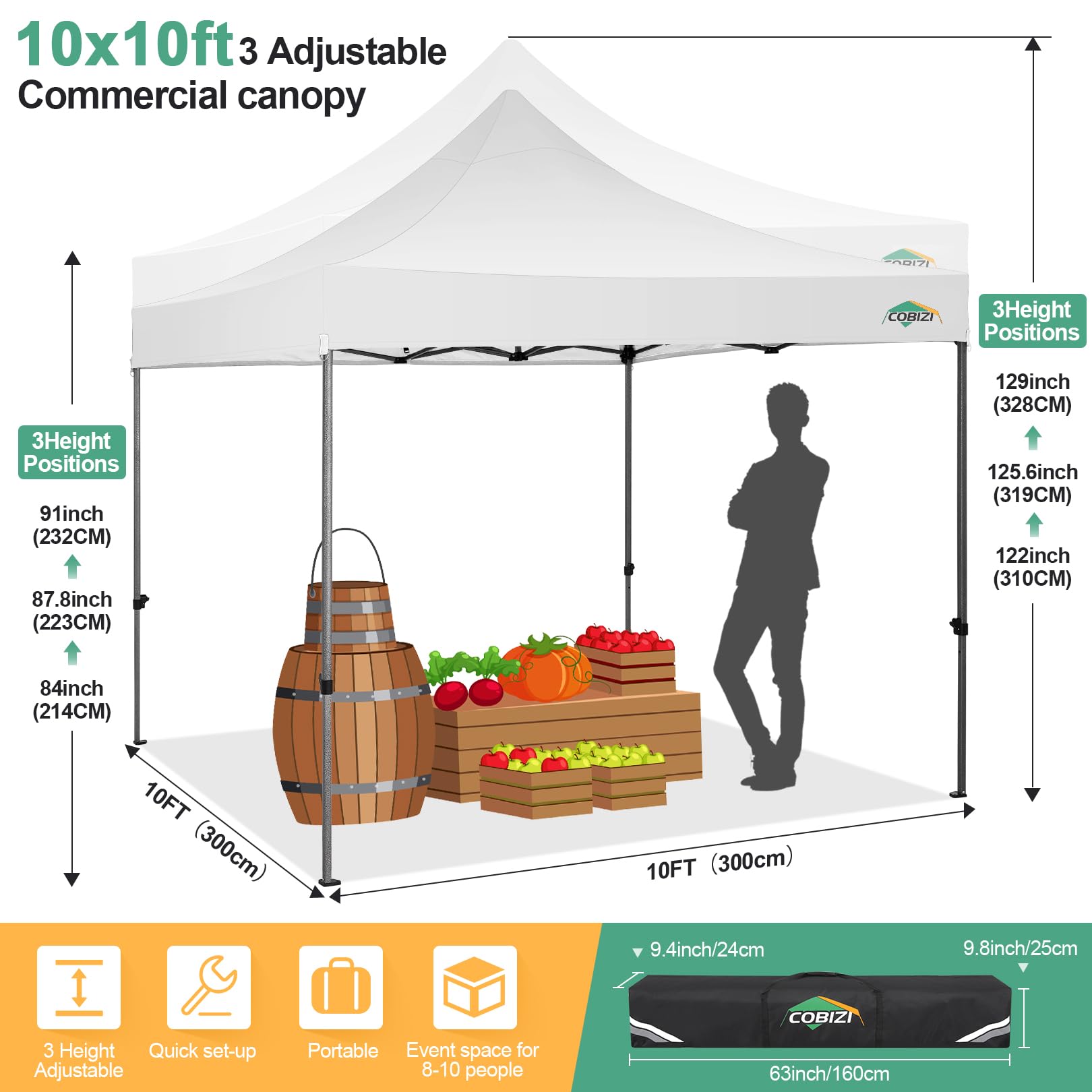 COBIZI Gazebo Esterno Resistente 3x3,Gazebo 3x3 Pieghevole Impermeabile a Freddo con Borsa da Trasporto 420D, Mercato Trading Evento Festival Campeggio Giardino, Bianco