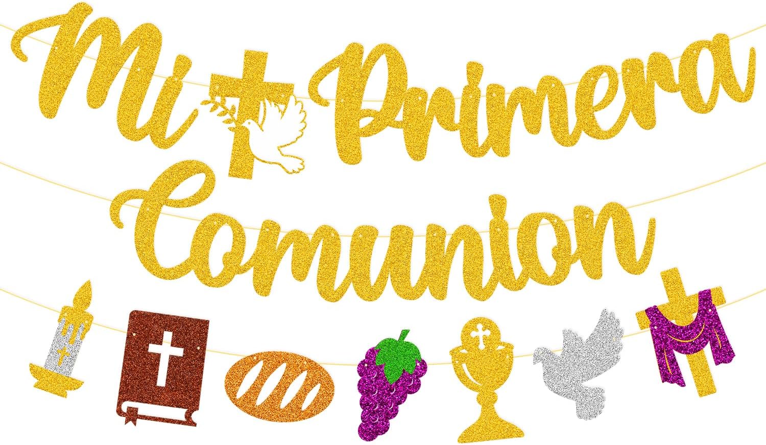 Mi Primera Comunion Banner Baptism Religious Cross God Bless Christening Sign Party Decorations for Christian Kids Boy Girl Baby Shower First Holy Communion Party Supplies (Gold)