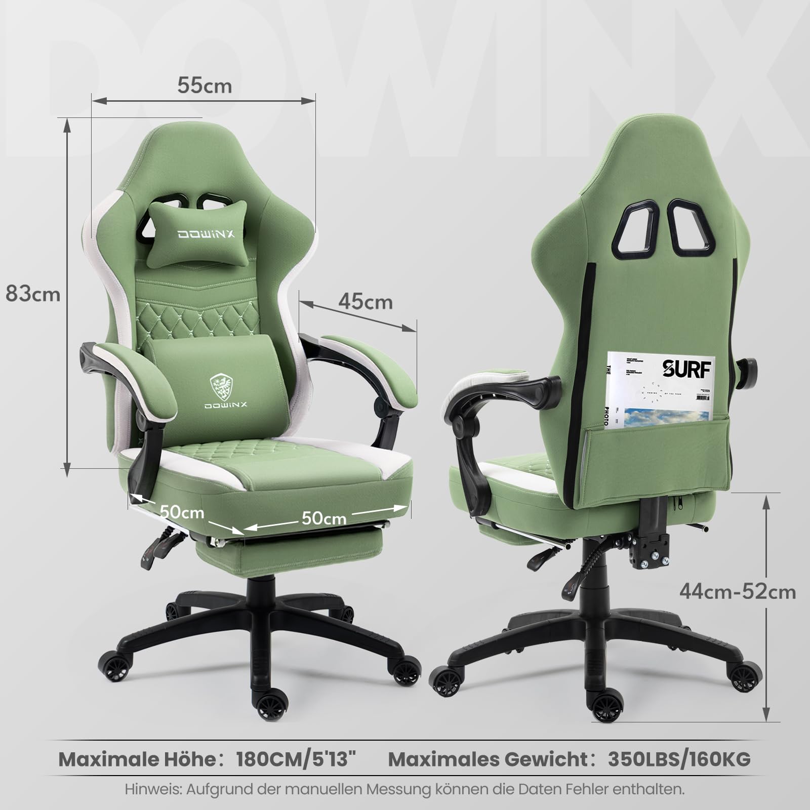 Dowinx Chaise Gaming Tissu avec Coussin à Ressorts ensachés, Fauteuil de Gamer avec Repose-Pieds, Chaise Ergonomique pour PC Gamer Chaise de Bureau capacité de Charge 150 kg, Vert