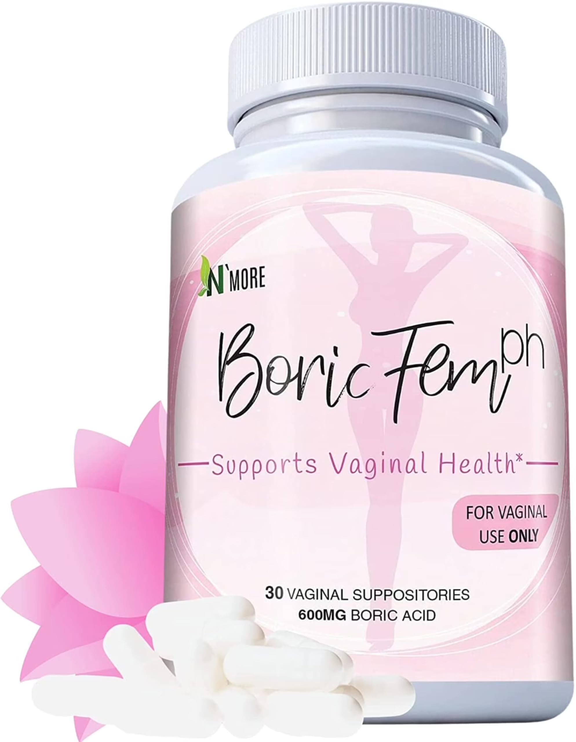 N'More Boric Acid Vaginal Suppositories - 30 Count, 600mg (Recommended Dosage) - 100% Pure Made in USA