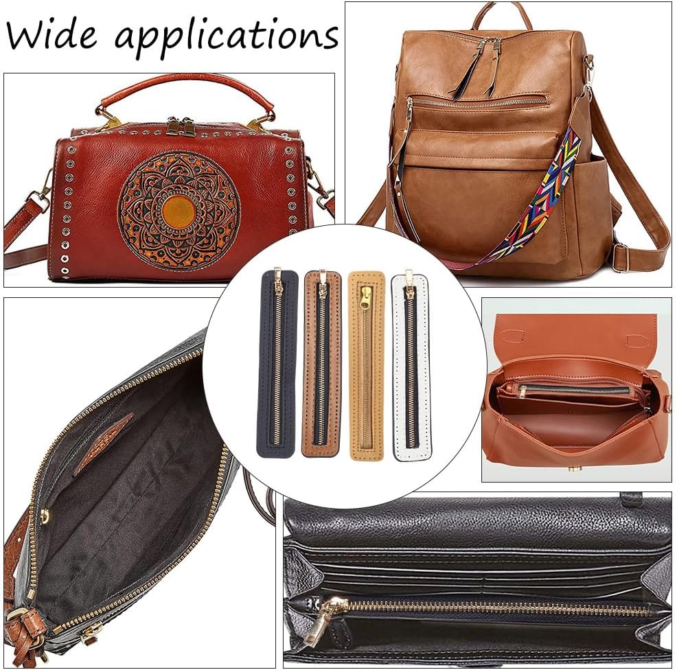 WADORN 4 Colors PU Leather Zipper, 7 Inch Woven Bag Metal Zipper Metal Zippers Bulk Close End with PU Leather Frame for DIY Crochet Purse Sewing Jeans Handicraft Accessories