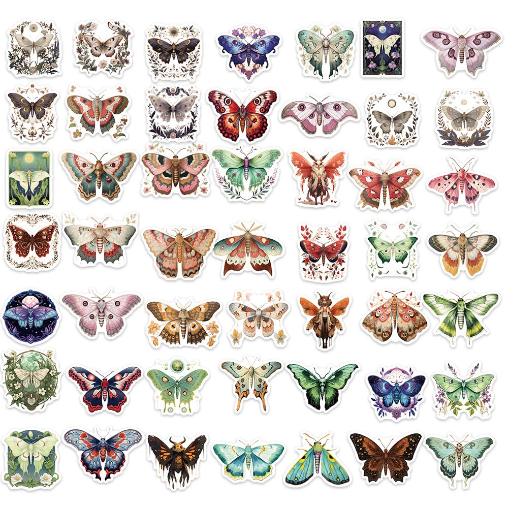Adesivi a forma di falena per scrapbooking, adesivi estetici a forma di animali, 50 pezzi, adesivi colorati in vinile impermeabili, per bottiglie d'acqua, laptop, accessori per feste a tema animali