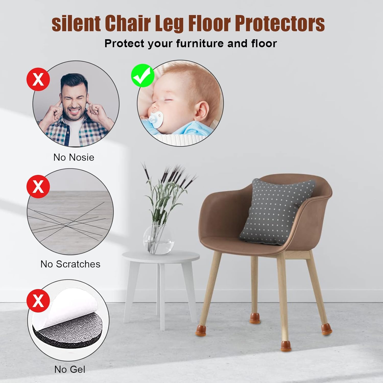 16 Pcs Chair Leg Caps, Silicone Chair Leg Floor Protectors, ?Chair Leg Protectors for Hardwood Floors, Protect Hardwood Floor from Scratches (Round, Brown - Fit 0.8-1.2inch) ZH001