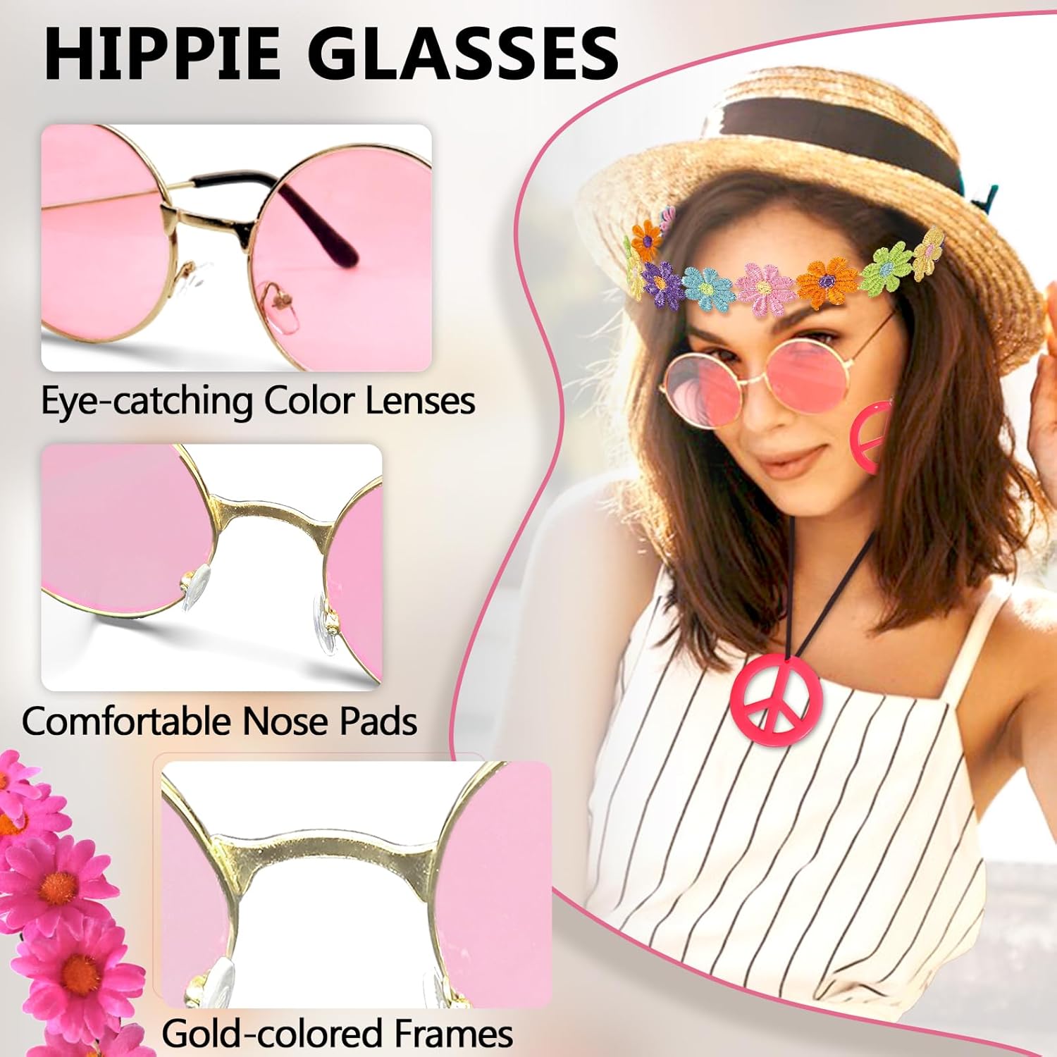 Hippie Costume Accessories Set Peace Sign Necklace Sunglasses Flower Headband Earrings for 60s 70s Outfit Party Women - Image 4