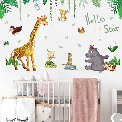 Miniatura 1 de Supzone Calcomanías de pared de animales de la selva, diseño de animales de dibujos animados, jirafa, hipopótamo, mono, plantas verdes, calcomanía