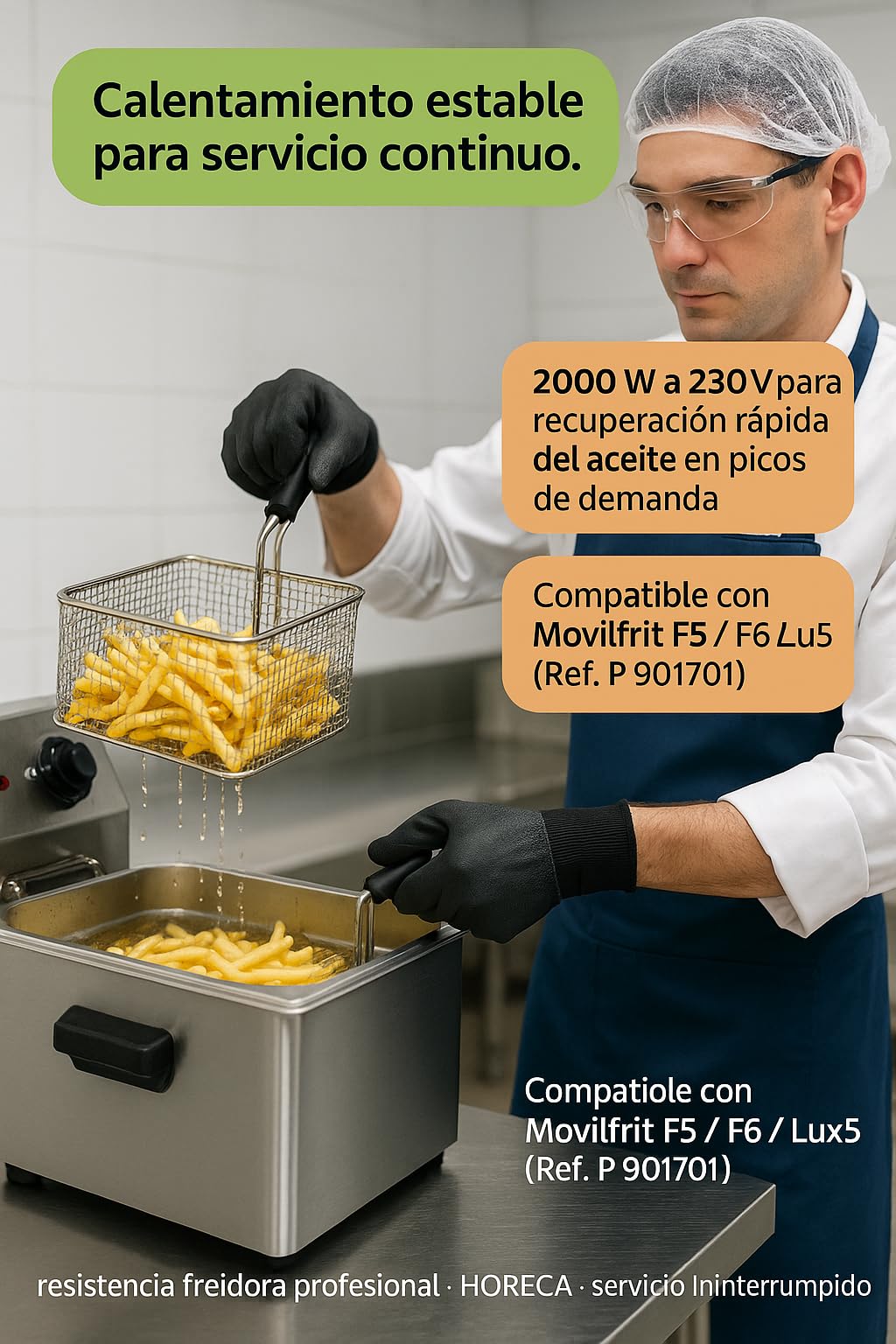 Resistencia Freidora 2000W 230V Inmersión P 901701 Recambio Hostelería para F5 y Lux 5 Tubo Ø8mm Sujeción 2 Orificios Faston 6.3mm Calentamiento Rápido Aceite Cocinas Industriales