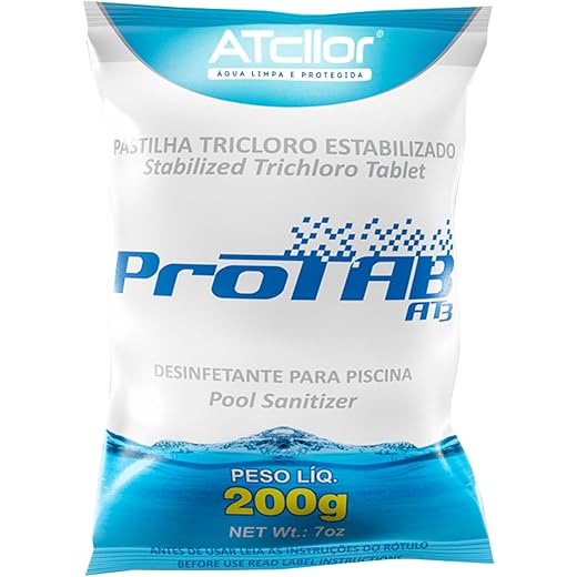 AtCllor, Pastilha tricloro estabilizada para piscina, Protab AT3, Teor de ativo 90,00%, Pastilha, 200 Gramas, Azul