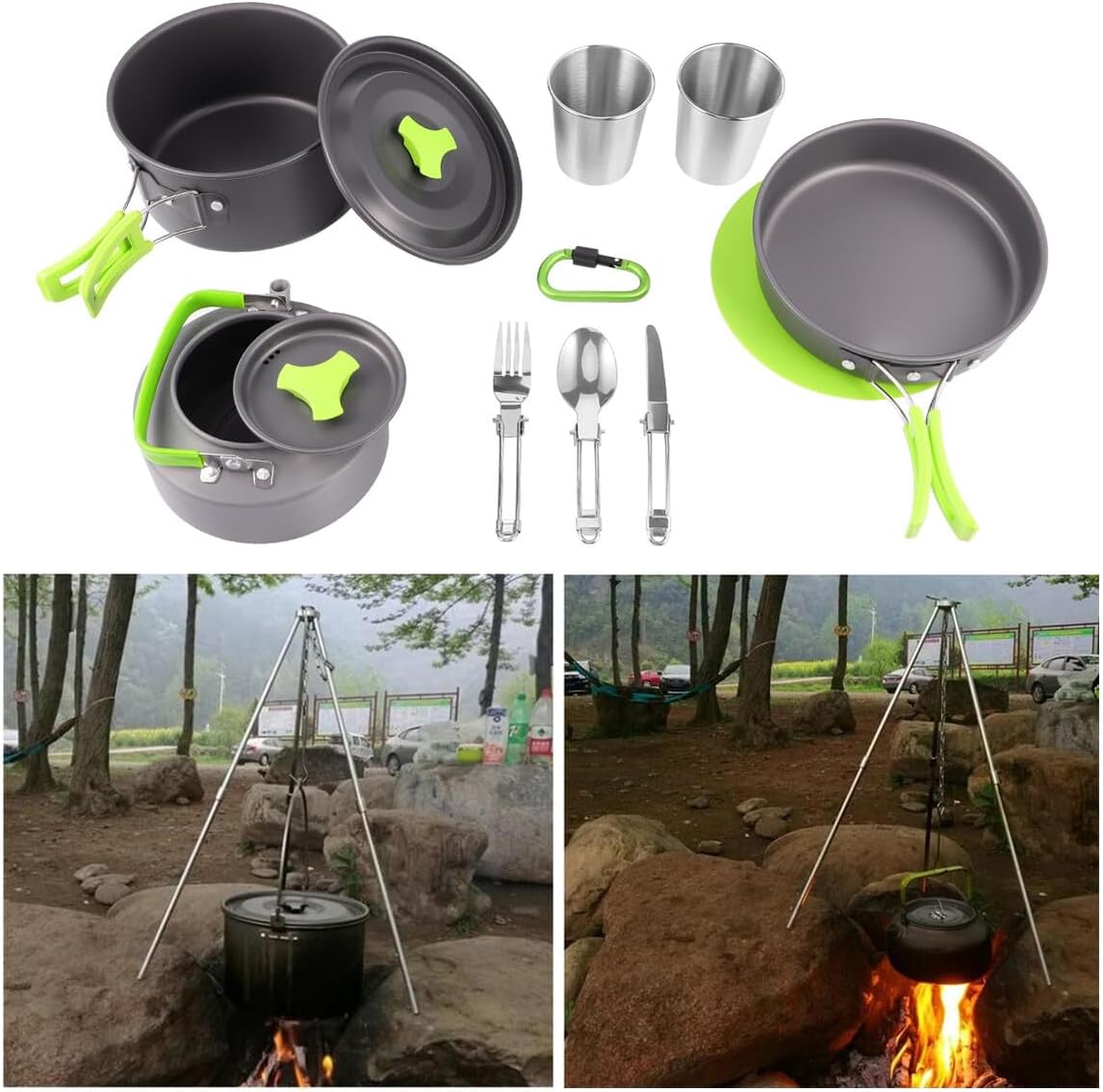 Portable Camping Cookware for People Non-Stick Outdoor Pot and Pan Kit with Food-Grade Cutting Board Lightweight Picnic Cooking Tools for BBQ and Hiking