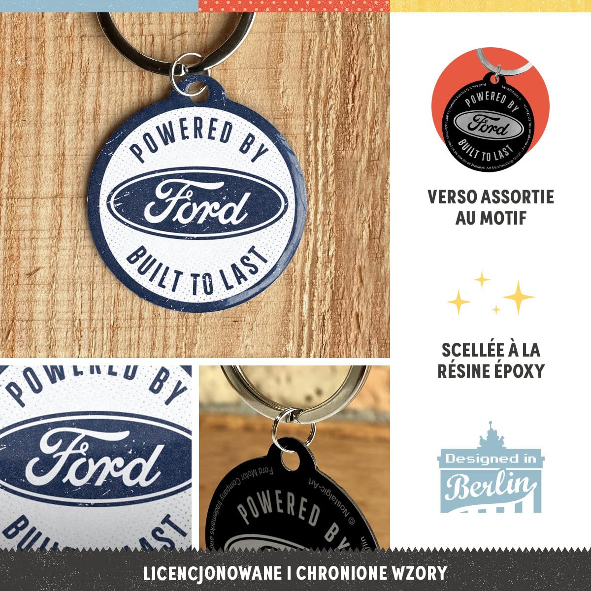 Nostalgic-Art Retro brelok do kluczy, Ø 4 cm, Ford – Built to last – Pomysł na prezent dla miłośników Forda, Official License Product (OLP), z metalu, Styl vintage