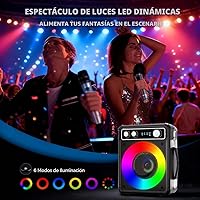 Vista 6 de Máquina de karaoke, altavoz portátil de karaoke Bluetooth con 2 micrófonos inalámbricos, sistema PA para adultos y niños con luces LED y ajuste