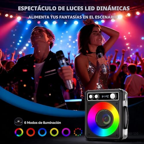 Miniatura 6 de Máquina de karaoke, altavoz portátil de karaoke Bluetooth con 2 micrófonos inalámbricos, sistema PA para adultos y niños con luces LED y ajuste