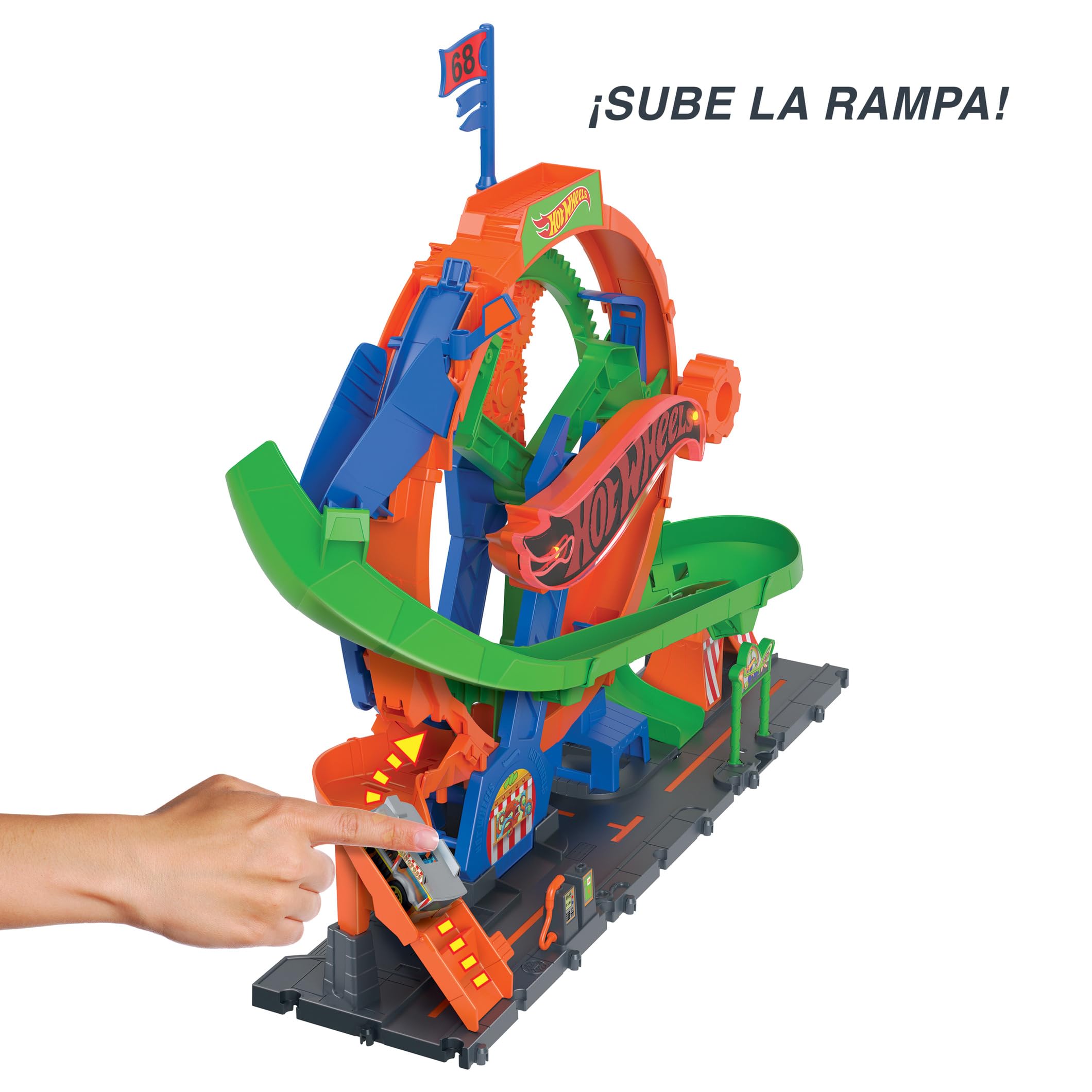 Hot Wheels City Rueda de la Fortuna Whirl, Pista para Coches de Juguete con Noria con Luces y Sonidos, Incluye 1 vehículo Die-Cast a Escala 1:64, Regalo para niños y niñas +5 años, HKX46