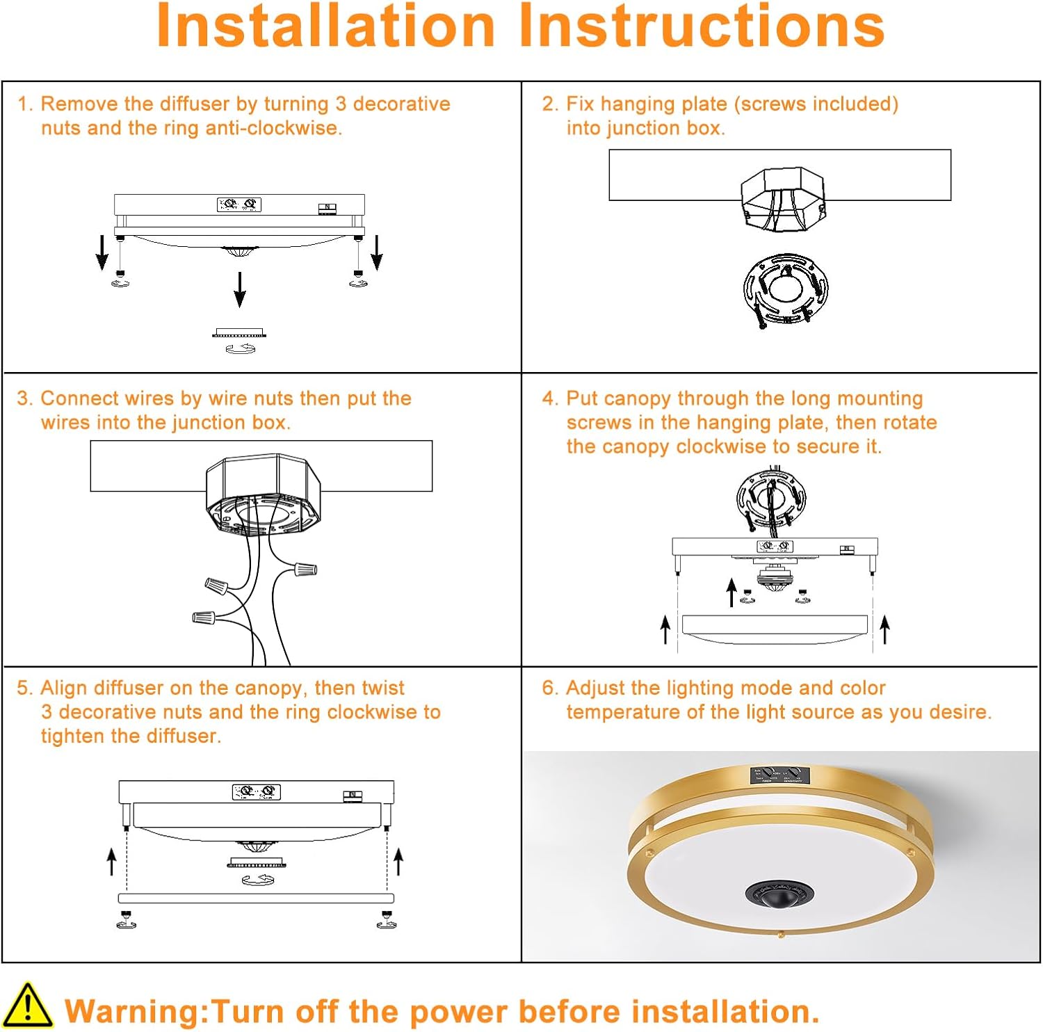24W LED Motion Sensor Outdoor Ceiling Light, 12IN 2700K/3000K/3500K/4000K/5000K Adjustable Ceiling Lights, Dusk to Dawn Flush Mount LED Ceiling Light Fixture for Porch, Garage, Gold