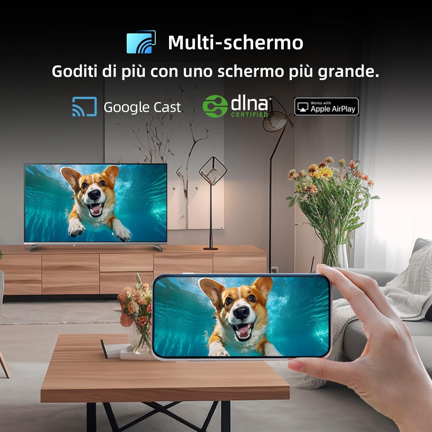 A smartphone casting content to the TV screen, illustrating the multi-screen and Google Cast features.