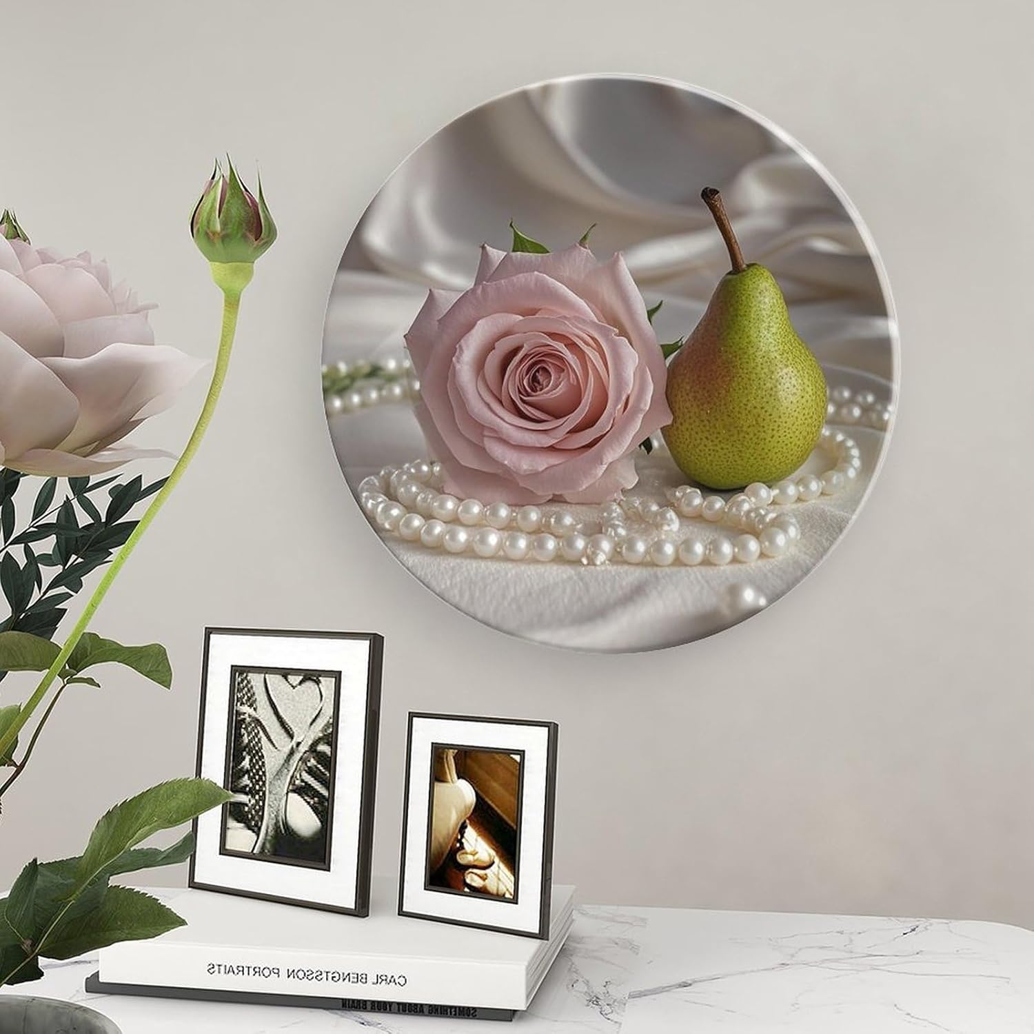 Rose And Pearls Decorative Ceramic Plate Round Porcelain Plate Decor Personalized Bone China Decorative Plates Ceramic Ornaments Dessert Plates with Display Stand 8inch