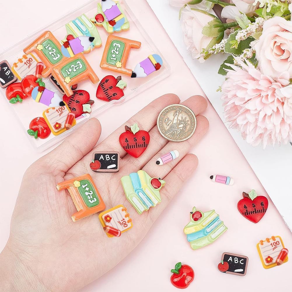 SUNNYCLUE 1 Box 32Pcs Teacher Charms Flatback School Resin Cabochons Best Teacher Student Red Apple Cabochon Pencil Notebook Heart Flatbacks for Jewelry Making Scrapbooking Embellishments Hair Clips