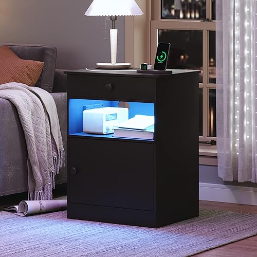 EPHEX Mesita de noche negra con estación de carga y luces LED mesa auxiliar con cajón y armario de almacenamiento mesita de noche con puertos USB y