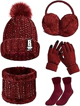 Tuopuda Winter Hat Gloves Women's Warm Beanie Winter Hat Knitted Hat Scarf Knitted Gloves Thickened Socks Plush Earmuffs Combination Set Gift for Outdoor Sports Warming