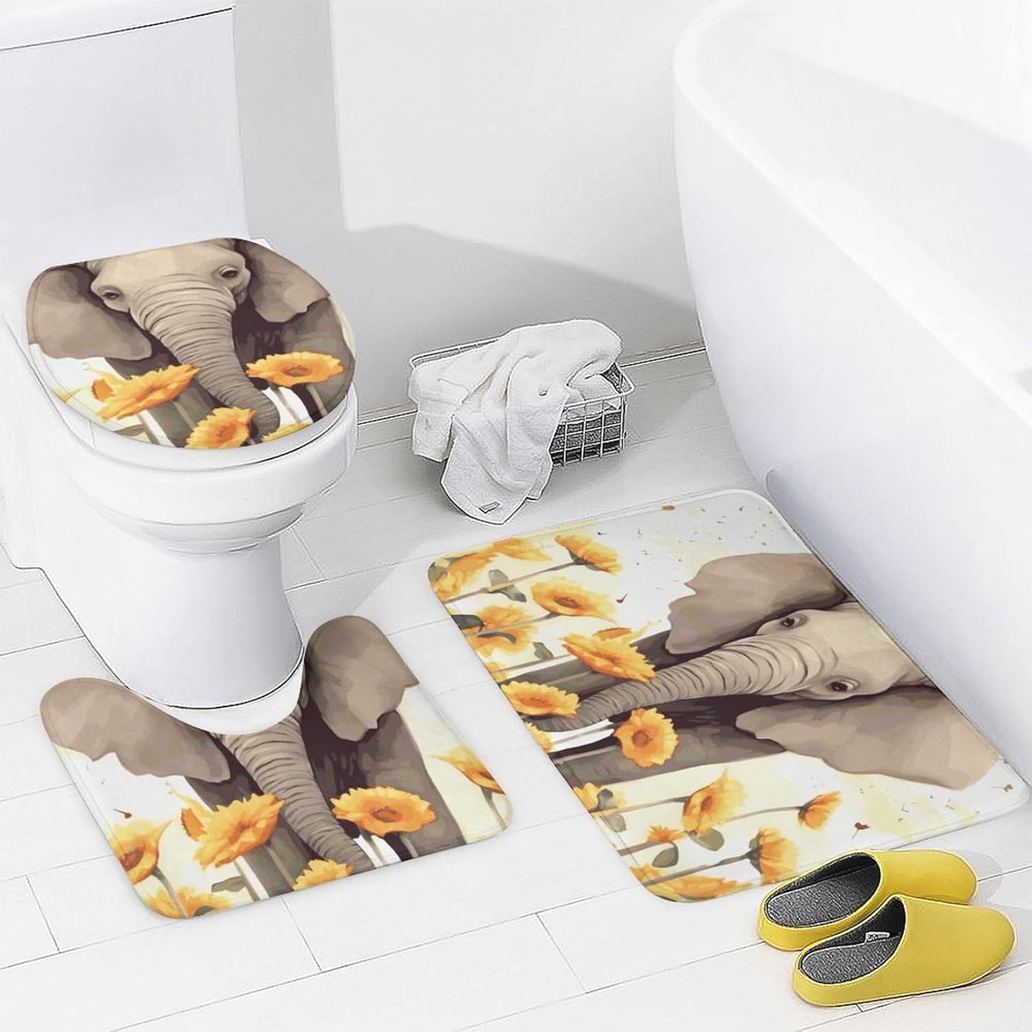 4 Piece Bathroom Rug Set with Shower Curtain, Non-Slip Bath Mat Toilet Cover Set, Elephant and Sunflower Bathroom Rug Sets