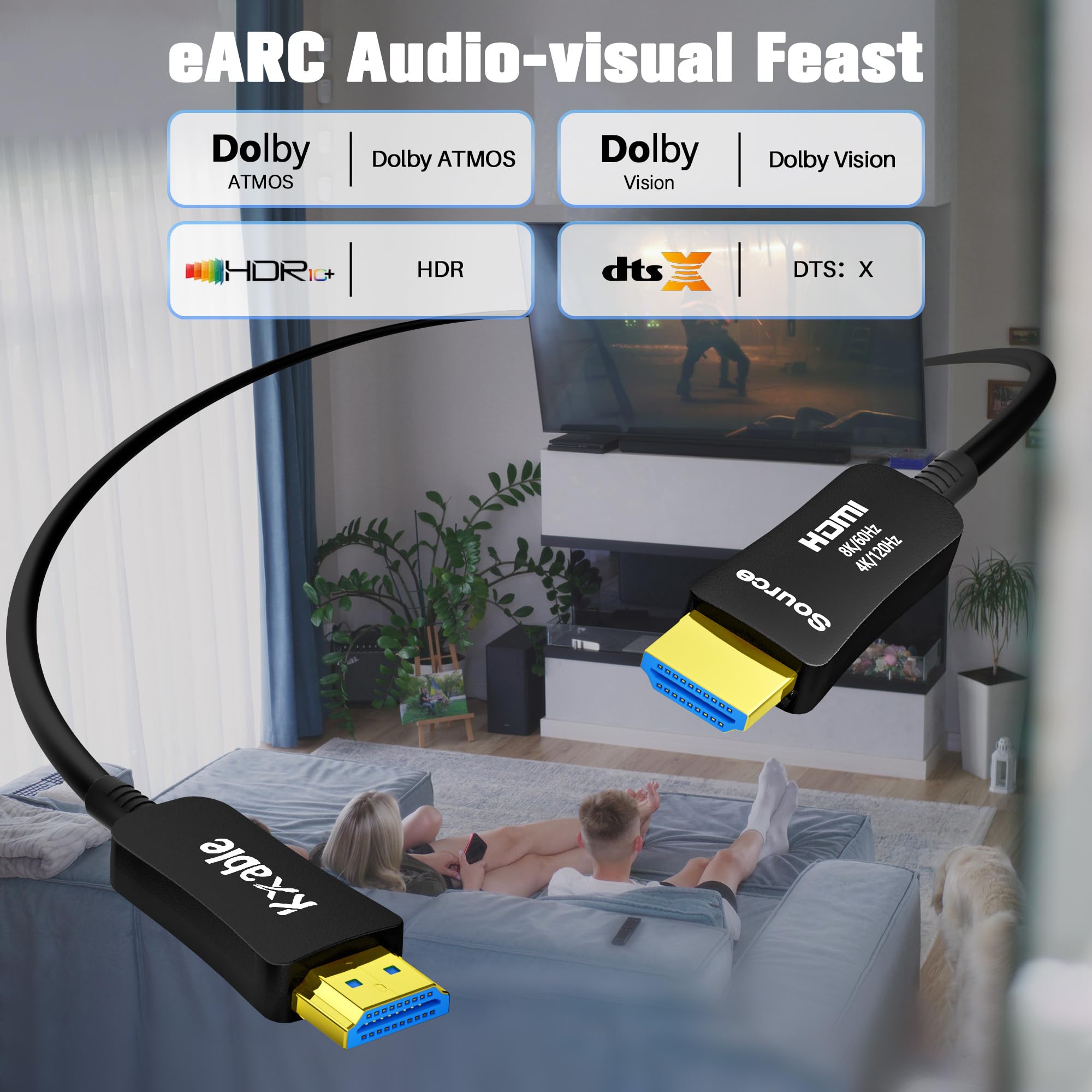 Câble à fibre optique HDMI 8K 2.1 48 Gbit/s ultra haut débit, 8K @ 60 Hz, 4K @ 120 Hz, 3D Dynamic HDR/eARC/HDCP 2.3, compatible avec ordinateur portable/moniteur/projecteur, PS5, Xbox, HDTV, Blu-ray