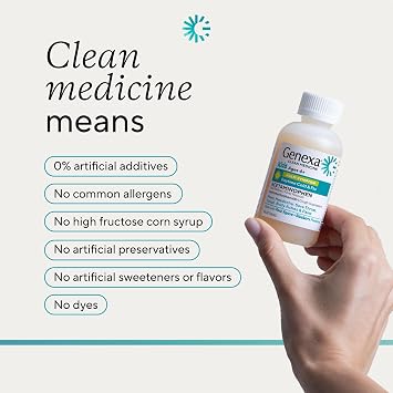 Genexa Kids' Cold & Flu Multi-Symptom Relief, Dye Free, 0% Artificial Additives, Children's Liquid Pain, Fever and Cough Medicine, for Kids 4-11, Delicious Organic Blueberry Flavor, 4 fl oz