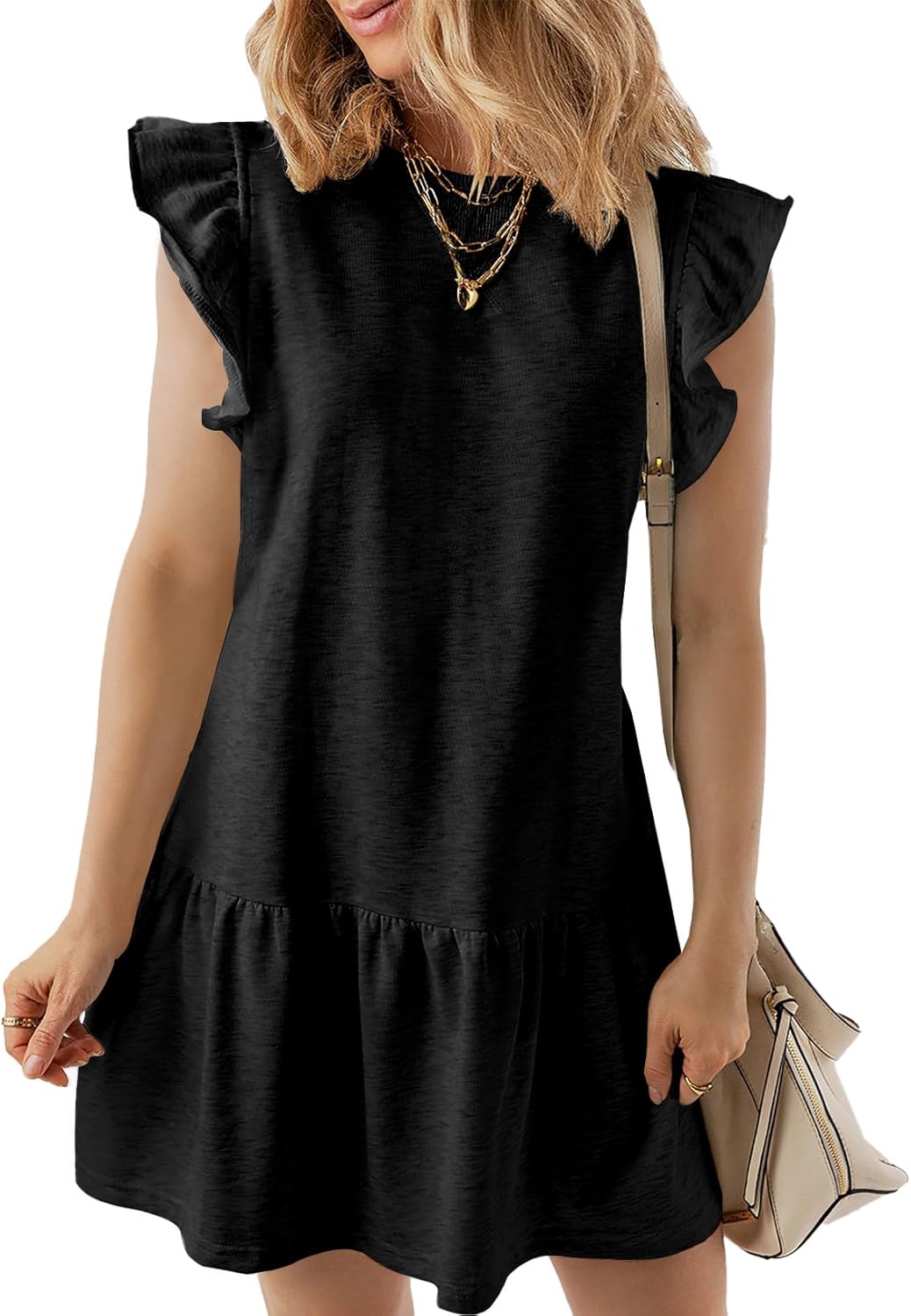 Acelitt Womens Casual Summer Crewneck Babydoll Flowy Tiered Mini Dress, S-XXL