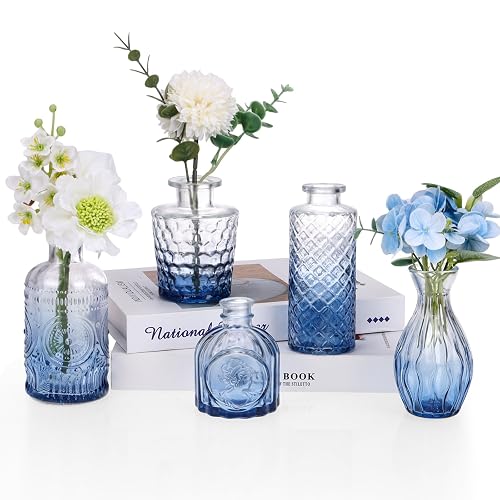 5pcs Blue Glass Bud Vase Set, Small Flower Vases for