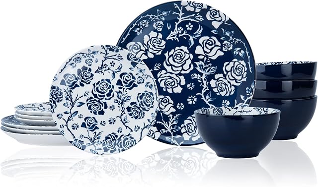 Wisenvoy Dinnerware Sets Plates and Bowls Set 12 Piece Ceramic Dish Set Plate Set Stoneware Service for 4 Dinner Plate