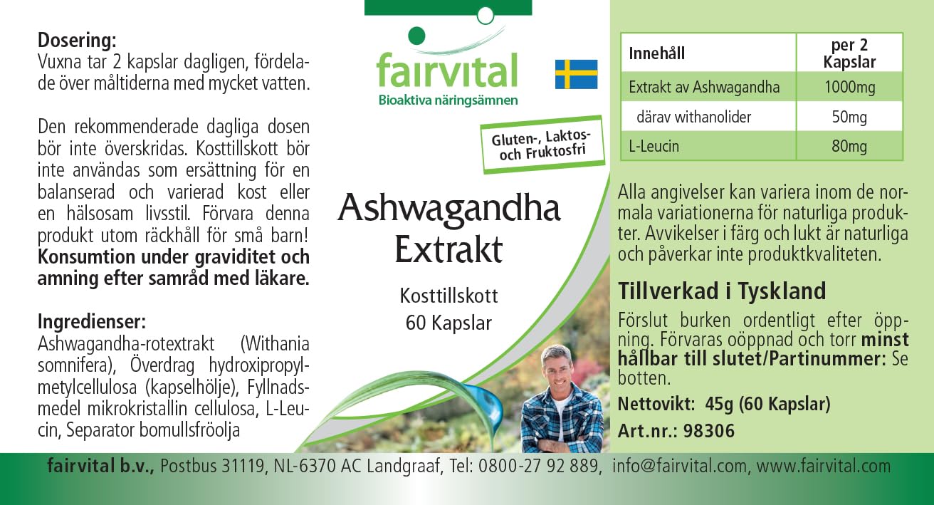 fairvital Gélules d'Ashwagandha, 180 gélules (60 x 3), HAUTEMENT DOSÉES, 1000mg d'extrait d'Ashwagandha 12:1 par dose journalière, 5% de withanolides, VÉGÉTALIENNES, Withania Somnifera