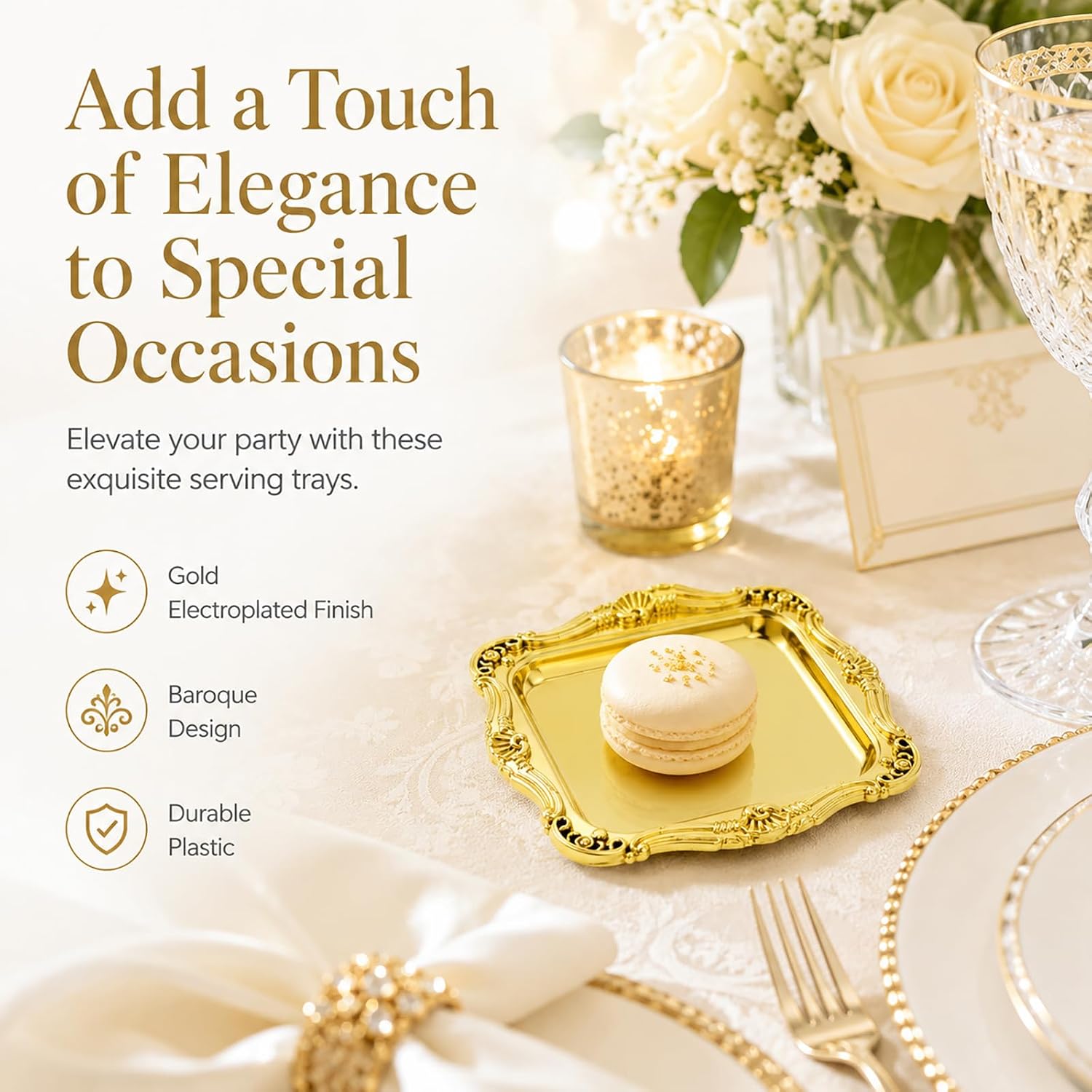50 Pcs Mini Elegant Plastic Serving Trays, 3.1 x 3.1 in Square Gold Serving Trays with Baroque Edge, Small Cake Candy Plates and Mini Dessert Plates for Weddings, Parties, Jewelry Display, Buffet