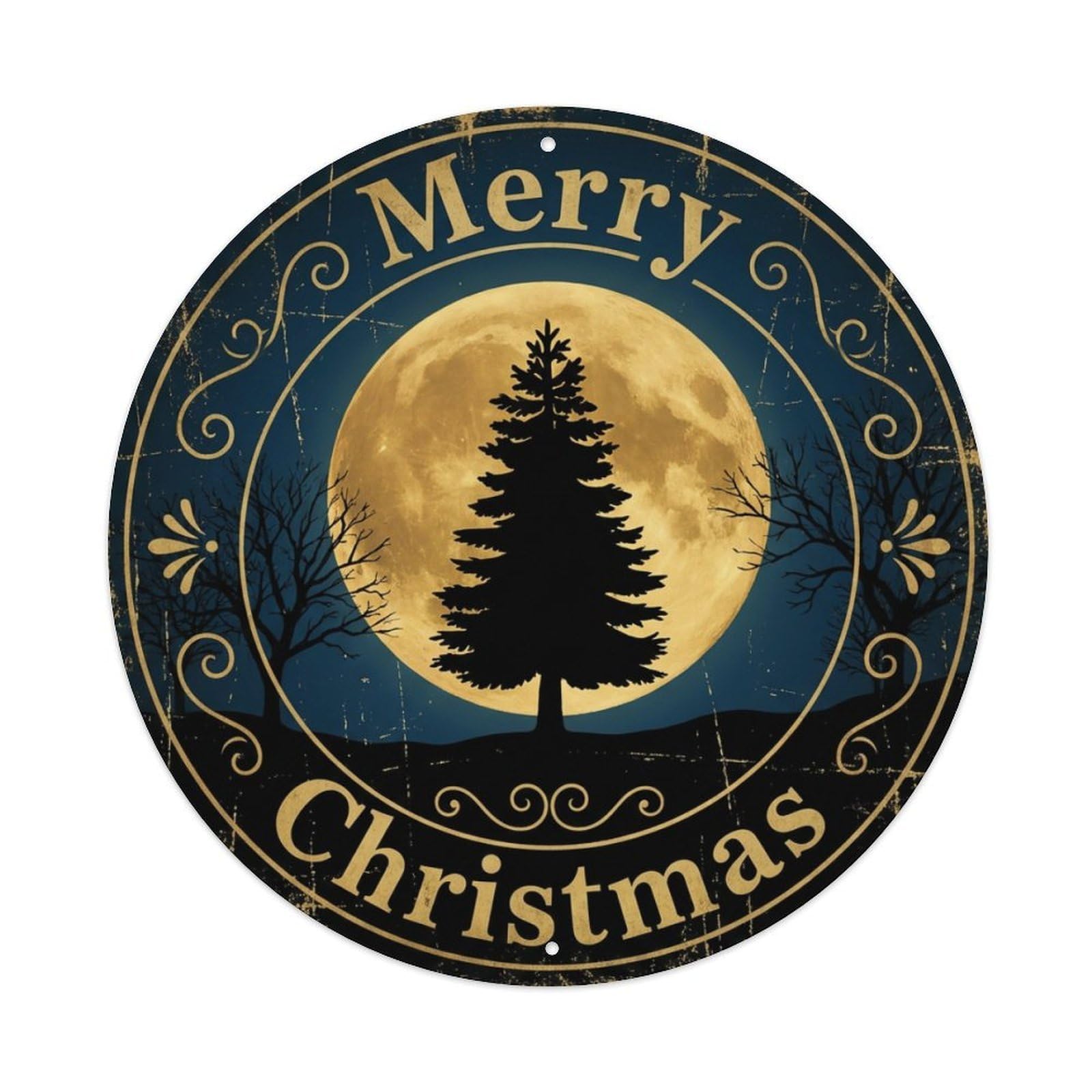 Merry Christmas Tree Silhouette Moon Metal Tin Sign