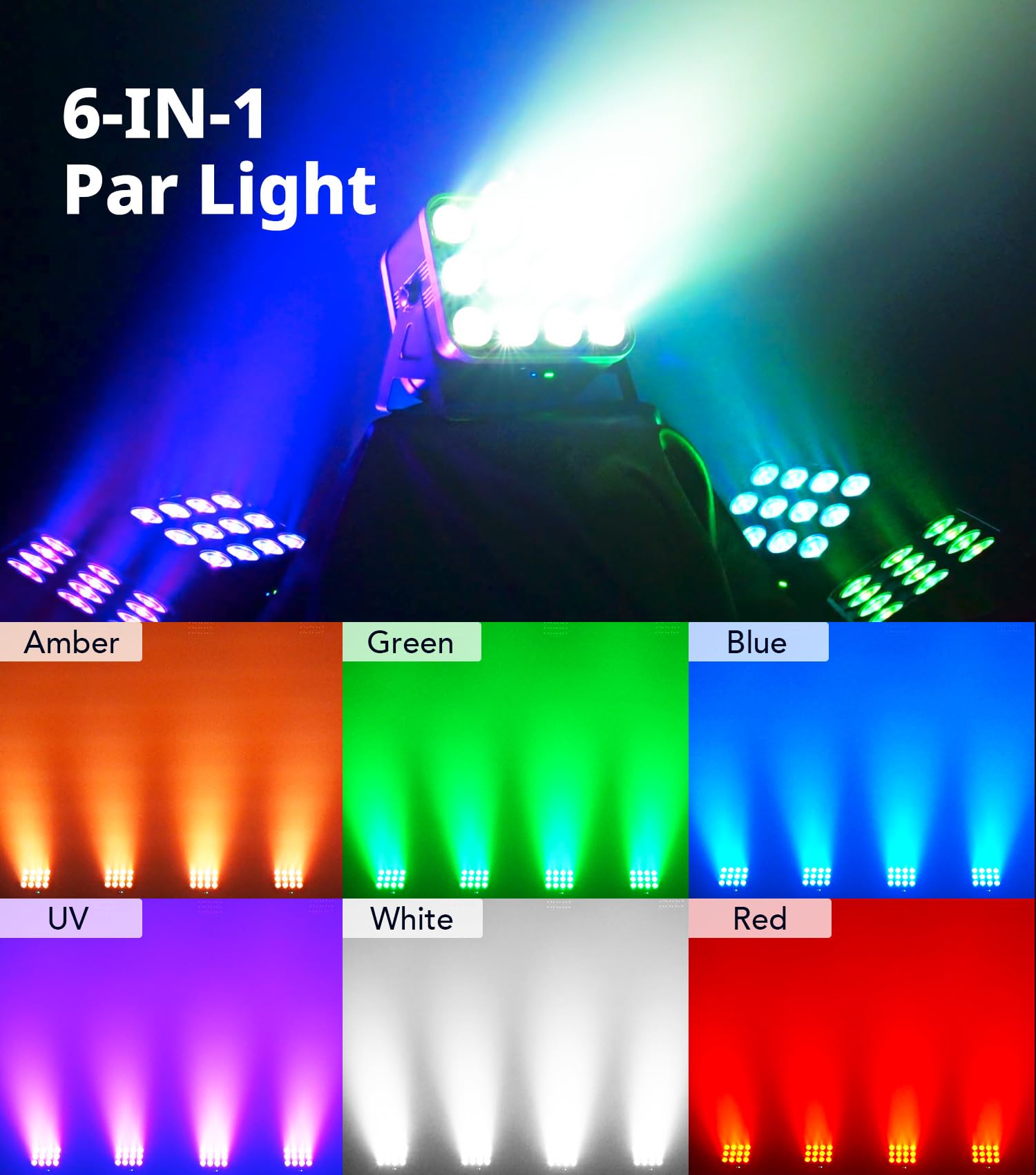 KeoBin 12x16W APP Par Licht | 6 in 1 RGBWA+UV | Wiederaufladbarer Batterie | Intelligente APP-Steuerung | 8 Stunden Laufzeit | Fernbedienung/Geräuschsteuerung/DMX512 | frei kombinierbare Lichtmodi