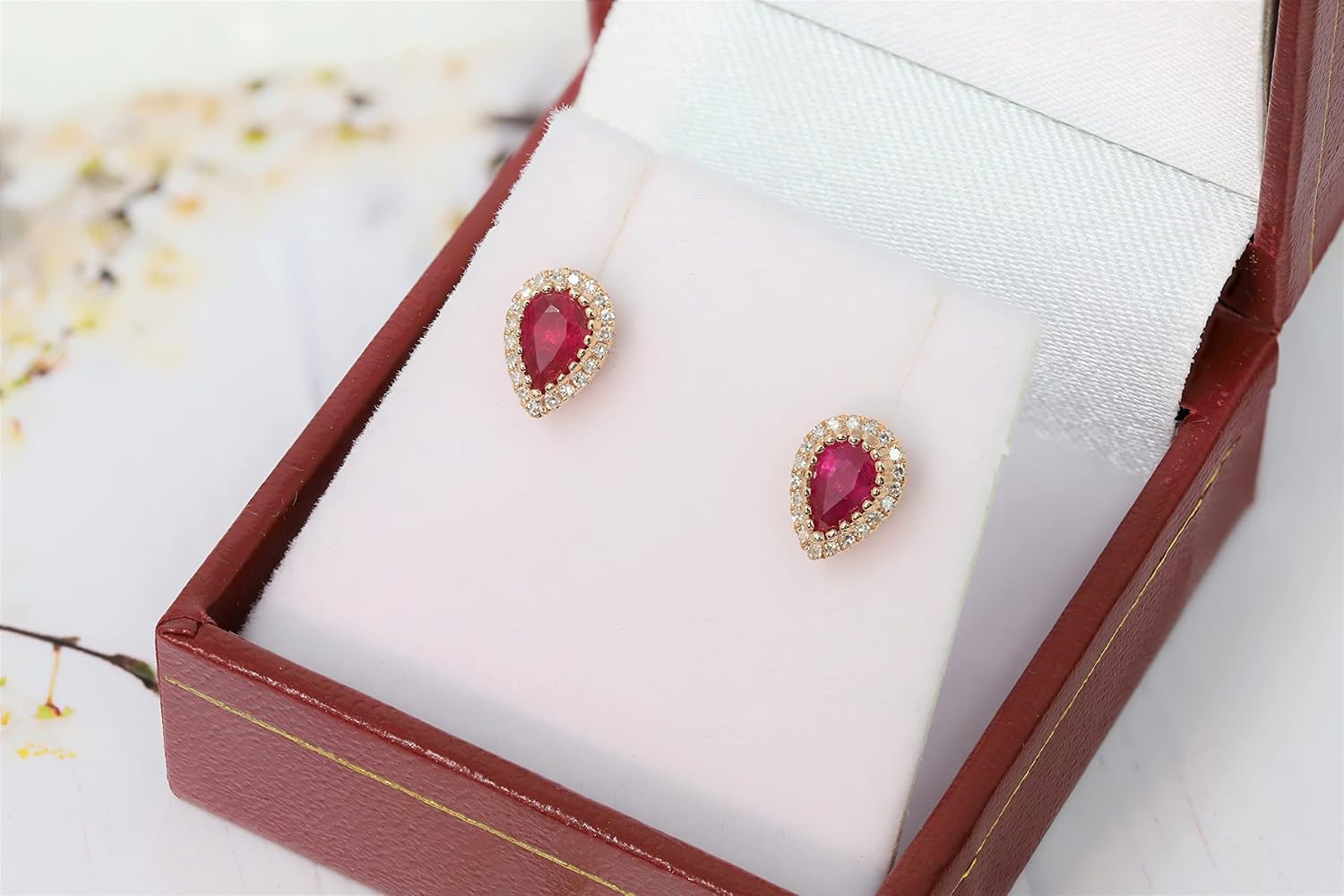 14K Rose Gold Genuine Ruby 1Ct Pear Shape Diamond Studs Earrings - Image 3