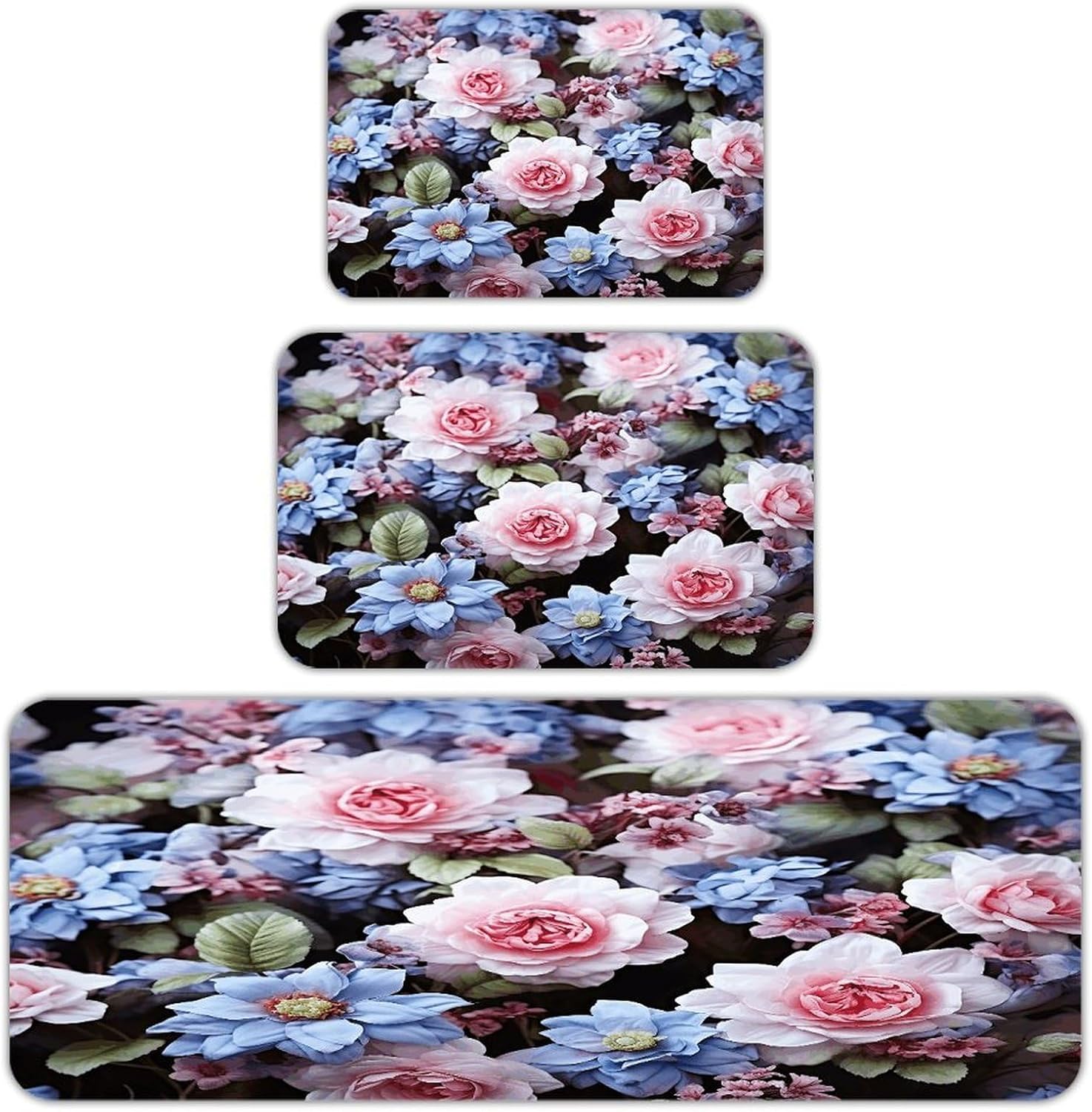 Blue and Pink Flowers 3-Piece Kitchen Rug Indoor Door Mat | Non-Slip Kitchen Mat for Profile Absorbent, Moisture-Wicking and Breathable for Bathroom Laundry Room Bedroom Home Decor