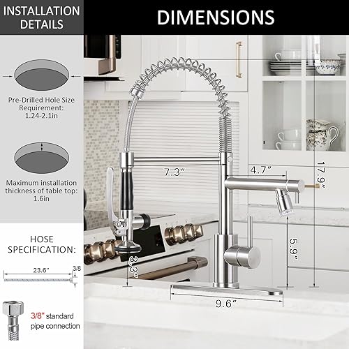 Miniatura 6 de Grifo de cocina con una sola manija para fregadero de cocina con rociador extraíble, grifos de cocina comerciales de acero inoxidable de doble