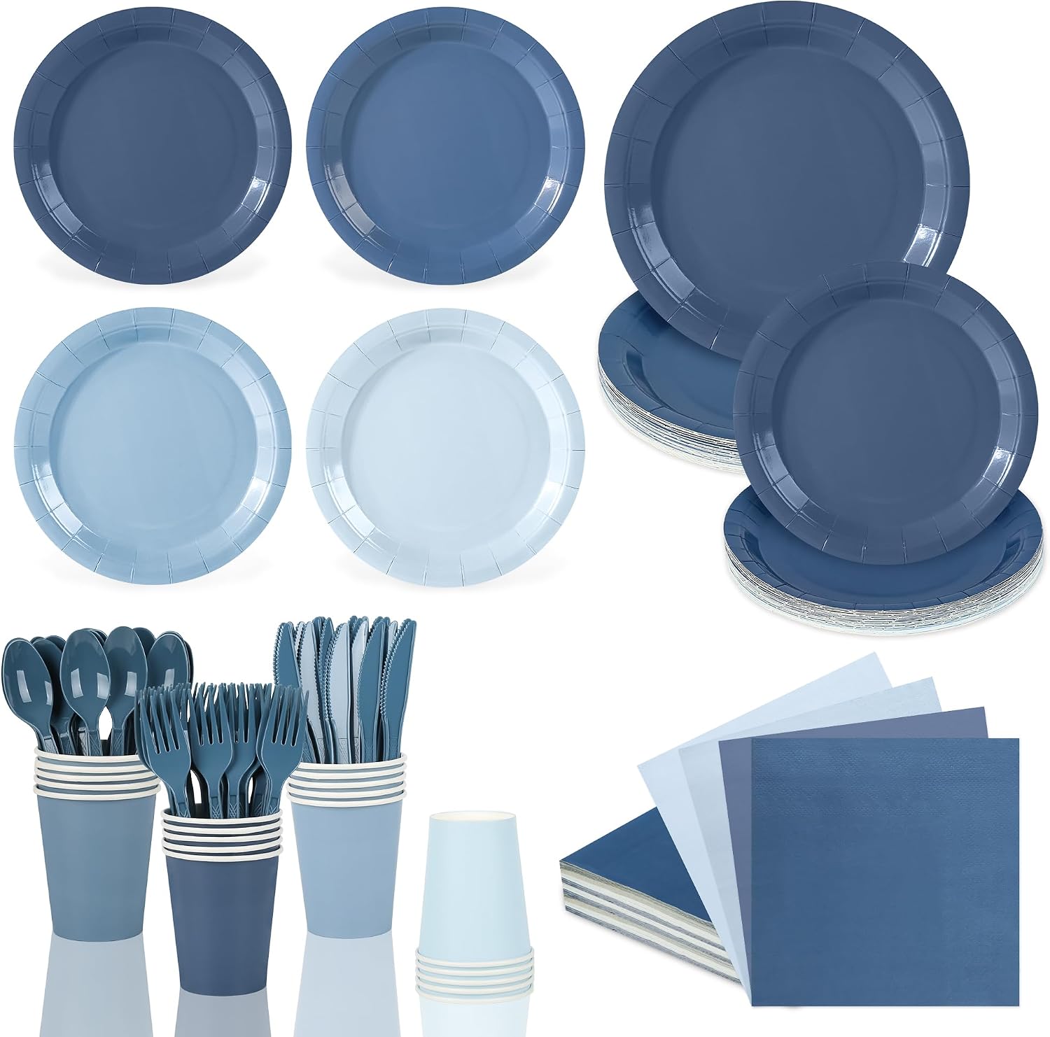 168Pcs Gradient Dusty Blue Paper Plates and Napkins for 24 Guests | Dusty Blue Disposable Party Tableware Set with Cups Knife Fork Spoon for Fathers Day Wedding Baby Shower Birthday