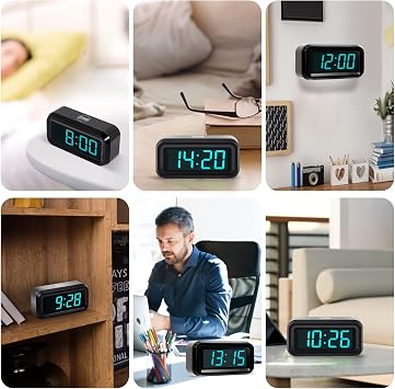 Digital Alarm Clock Battery Operated with LED Display for Bedrooms, Long Battery Life, 3 Brightness Adjustable, 12/24 Hour, Snooze, Black Case with Blue Digits