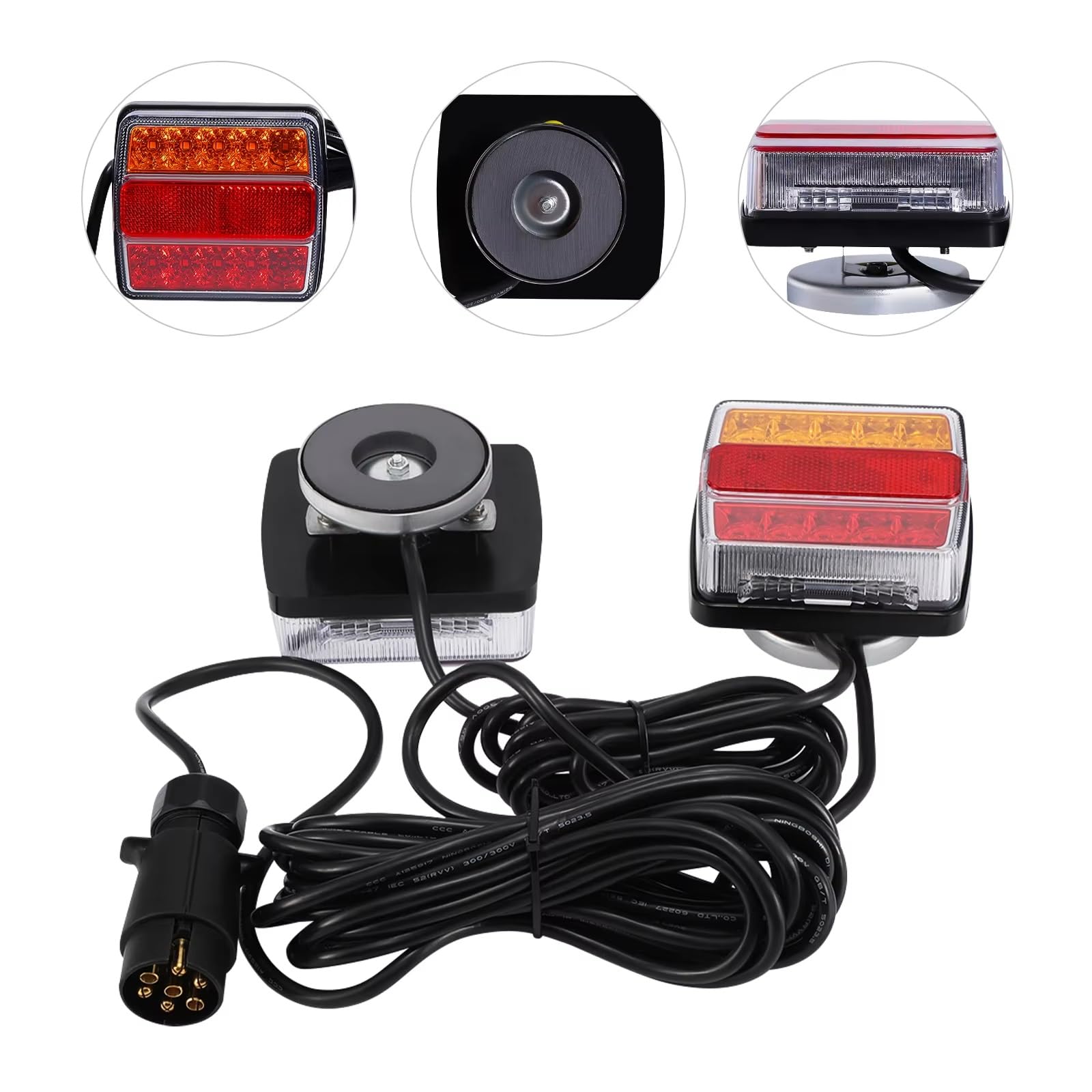Conjuntos de Luces traseras magnéticas de 12 V para Remolque, Kit de Luces traseras con Cable de 7,5 m y Placa de Enchufe de 7 Pines para automóviles, Camiones y Plataformas.