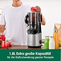 Fretta Slow Juicer 135mm XXL Nyílással - 1,8L Hidegpréselő Gyümölcs és Zöldségprés, Egész Gyümölcsökhöz, BPA-mentes Tritan Anyag, 250W, Szür 1