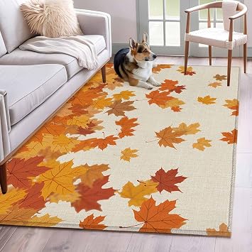 Thanksgiving Area Rug 3x5 Washable Rug Non Slip Retro Orange Fall Maple Leaves Autumn Large Area Rug Indoor Floor Carpet for Entryway Bedroom Kitchen Living Room Home Office Dining Room Nursery