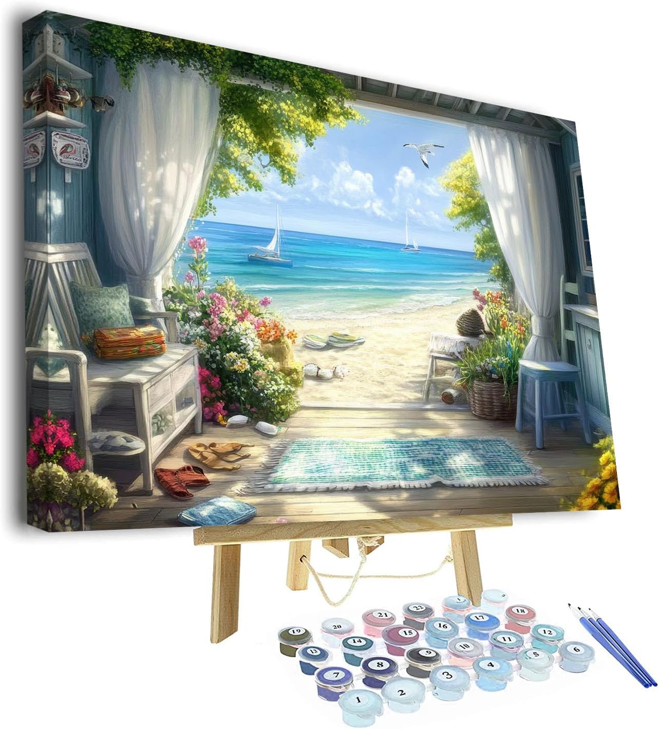 TUMOVO Paint by Numbers Kit for Adults, Adult Paint by Number - Cozy Seaside Cottage with Open Window, Serene Ocean View Landscape Art, Painting by Numbers Canvas, 16x20 Inch(Framed)