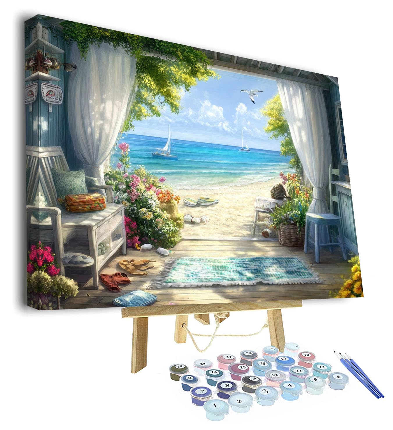 TISHIRON Paint by Numbers Kit for Adults, Adult Paint by Number - Cozy Seaside Cottage with Open Window, Serene Ocean View Landscape Art, Painting by Numbers Canvas - 16x20 Inch(Framed)