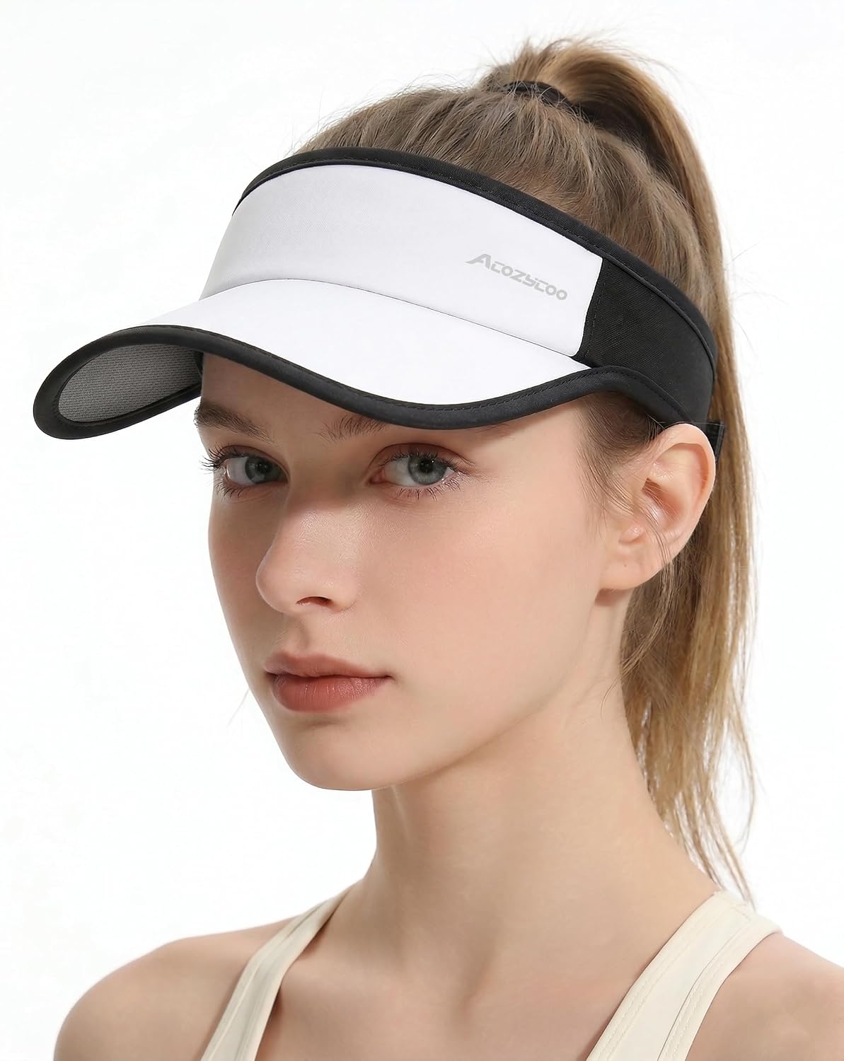 Acozycoo Sports Sun Visors for Women Men, Hard Brim UV Protection Visor Hat, Cooling Cap for Golf Tennis Running White